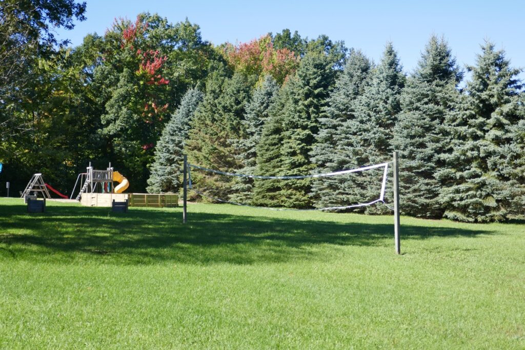 Volleyball net, with playground in background