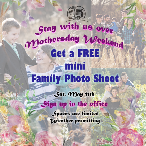 Ad for mothersday weeked, offering a feww mini shoot. Background is of families.